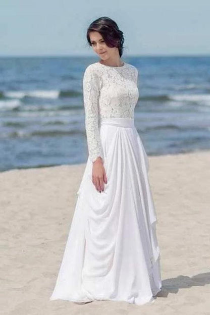 Chiffon Lace Long Sleeve White Zipper Beach Wedding/Bridal Dress