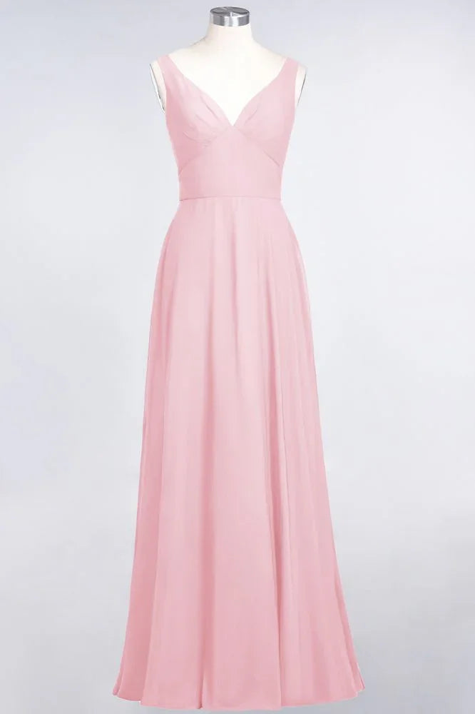 Abito da damigella con scollo a V in chiffon, spalline, senza maniche, volant e lunghezza fino al pavimento con schiena scoperta
