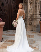 Chiffon Wedding Dress With Lace Appliques Spaghetti Straps Backless Slit