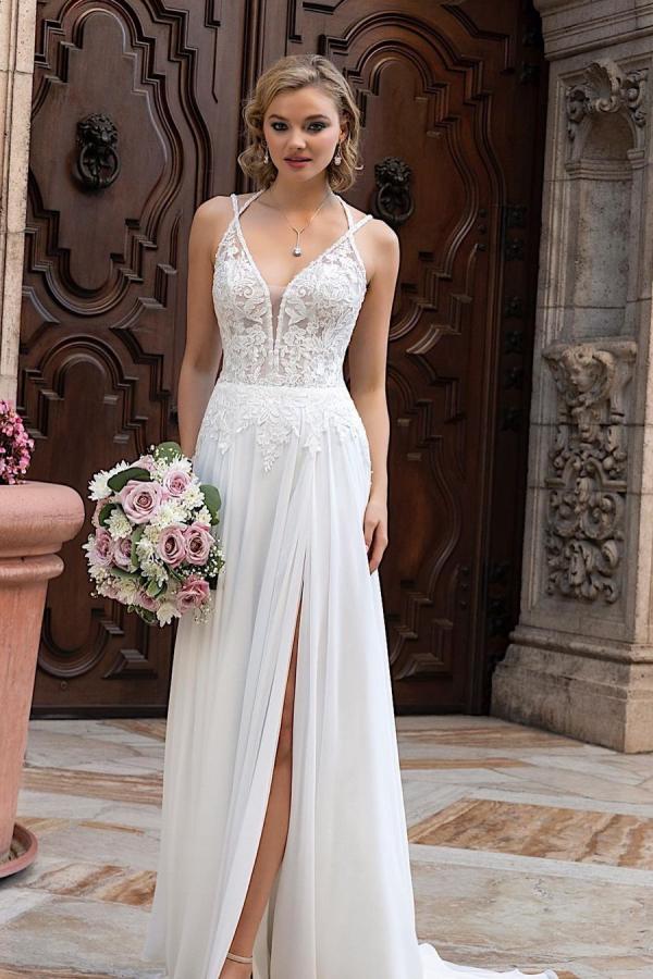 Chiffon Wedding Dress With Lace Appliques Spaghetti Straps Backless Slit