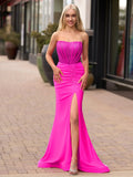 Arana| Robes longues de bal en satin fuchsia sirène sans bretelles avec perles