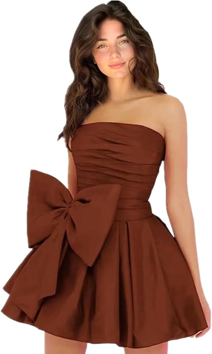 Vestidos de fiesta cortos y elegantes de corte A, sin mangas, sin tirantes, fruncidos, con cordones y lazo