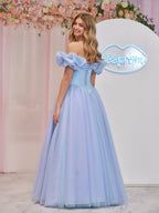 Robe de bal bleue Cendrillon en tulle à épaules dénudées avec cristaux et papillons