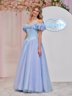 Robe de bal bleue Cendrillon en tulle à épaules dénudées avec cristaux et papillons
