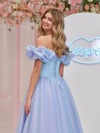 Robe de bal bleue Cendrillon en tulle à épaules dénudées avec cristaux et papillons