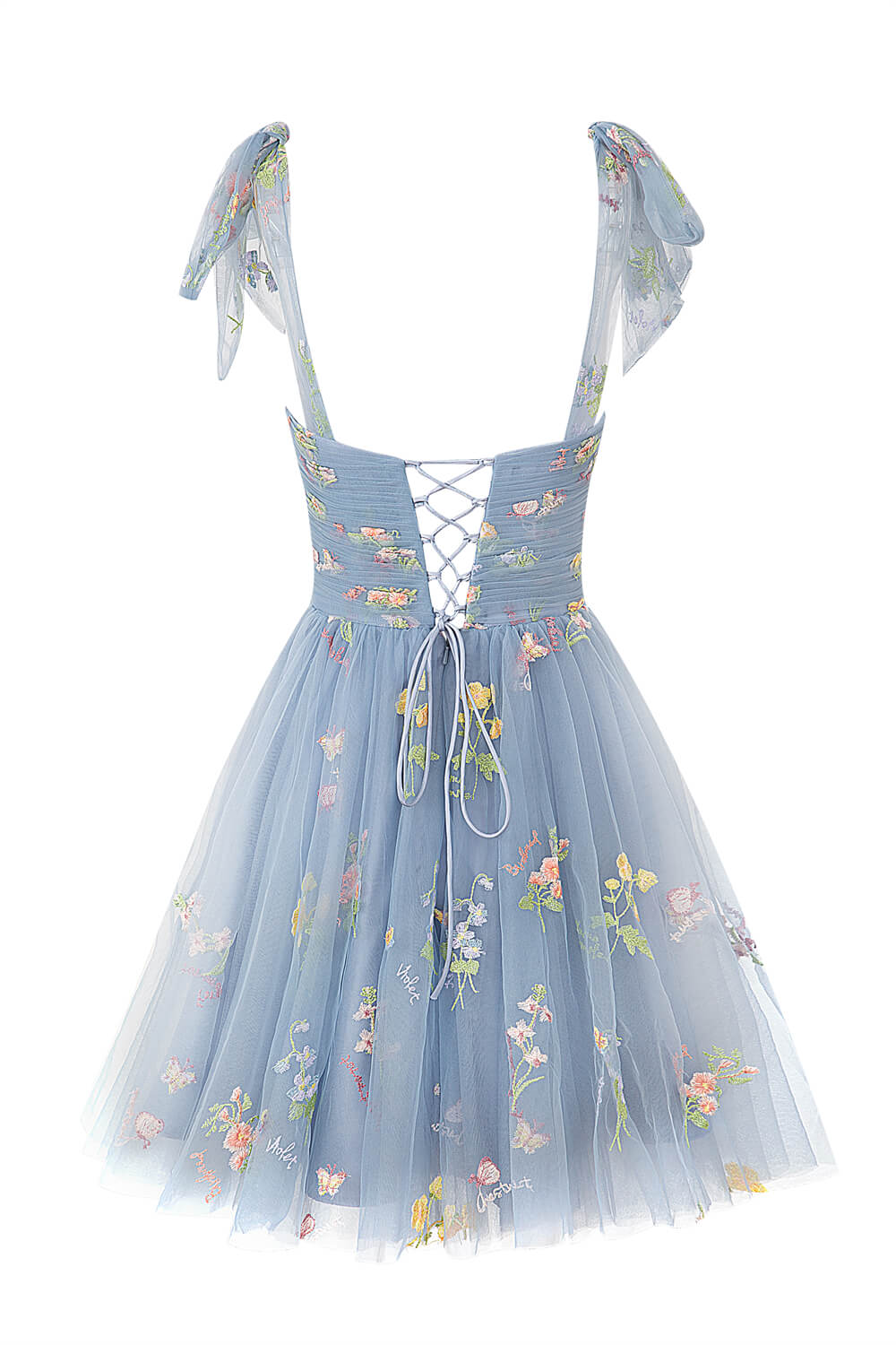 Kurzes Aline-Heimkehrkleid aus Tüll mit Herzausschnitt und Blumenmuster