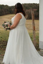 Classic Ivory V Neck Sleeveless A Line Wedding Dress With Appliques
