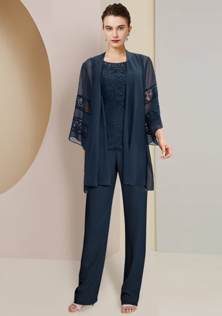 Vestido clásico de gasa para madre, de dos piezas, con mangas 3/4 y joya