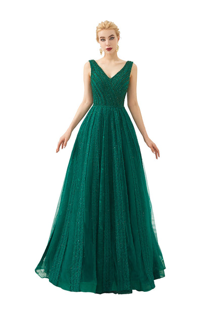 Klassisches langes A-Linien-Ballkleid aus Tüll mit V-Ausschnitt