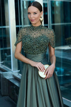 Dark Green High Neck Short Sleeve A Line Prom Dress With Rhinestones Beading