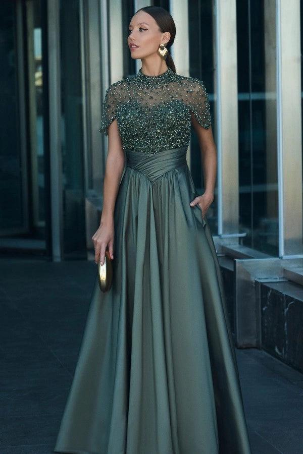 Dark Green High Neck Short Sleeve A Line Prom Dress With Rhinestones Beading