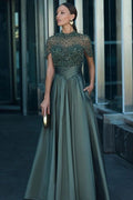 Dark Green High Neck Short Sleeve A Line Prom Dress With Rhinestones Beading