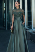 Dark Green High Neck Short Sleeve A Line Prom Dress With Rhinestones Beading