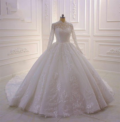 Edles langes A-Linien-Brautkleid mit Stehkragen, Applikationen, Spitze, Perlen, Pailletten und Rüschen und Ärmeln