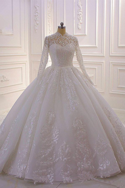 Edles langes A-Linien-Brautkleid mit Stehkragen, Applikationen, Spitze, Perlen, Pailletten und Rüschen und Ärmeln