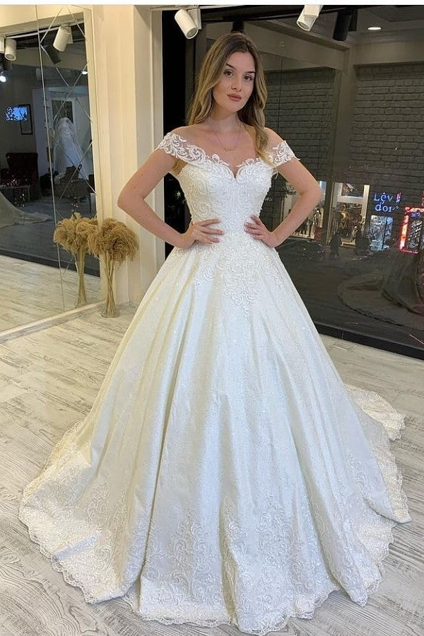 Vestido de novia elegante, largo, de corte A, con hombros descubiertos, apliques de encaje y espalda descubierta