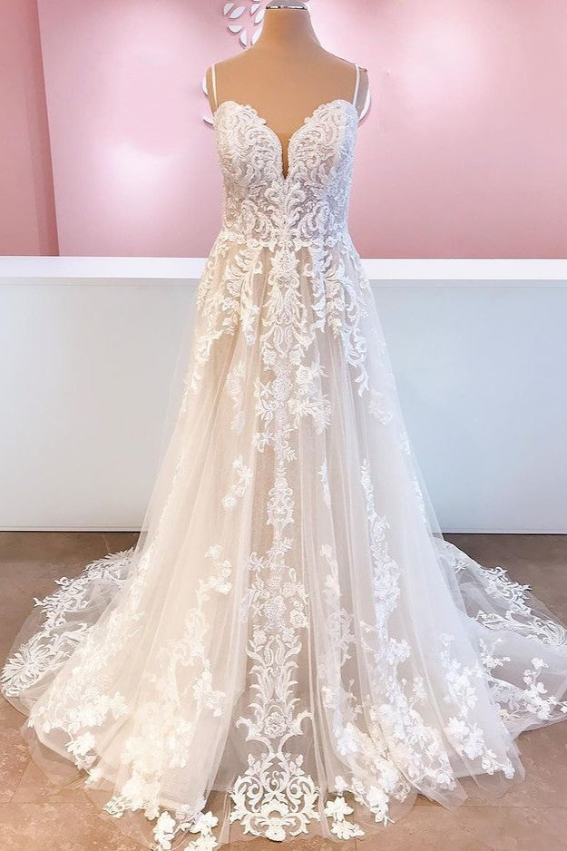 Elegantes langes rückenfreies A-Linien-Brautkleid aus Tüll mit Spaghettiträgern und Spitzenapplikationen