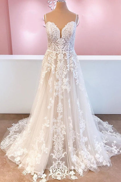Elegantes langes rückenfreies A-Linien-Brautkleid aus Tüll mit Spaghettiträgern und Spitzenapplikationen