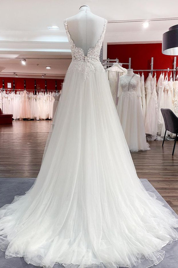 Vestido de novia elegante, largo, de tul, corte A, escote en V, sin mangas y encaje