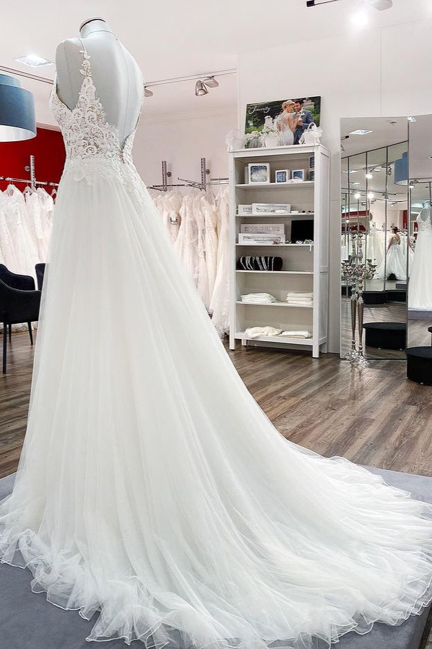 Vestido de novia elegante, largo, de tul, corte A, escote en V, sin mangas y encaje