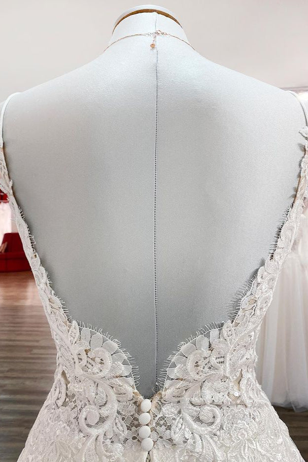 Vestido de novia elegante, largo, de tul, corte A, escote en V, sin mangas y encaje