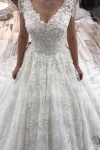 Robe de mariée élégante longue en ligne A avec appliques en dentelle et cristaux, col en V