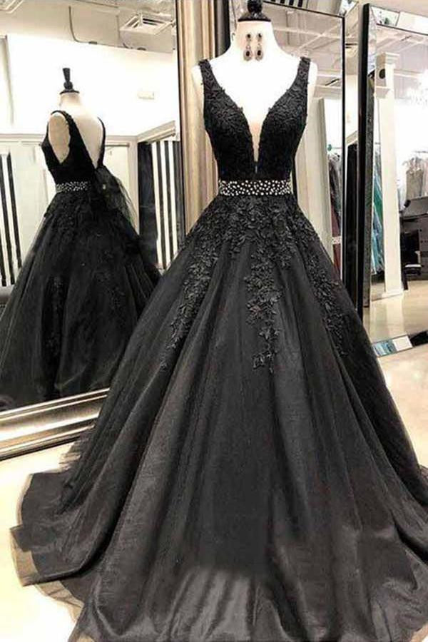 Vestido de fiesta negro elegante, largo, corte A, tirantes anchos, espalda abierta