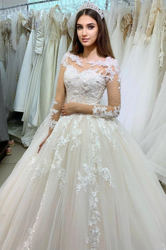 Elegante longo princesa apliques renda tule vestido de noiva com mangas