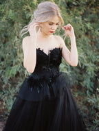 Classy Long Princess Sweetheart Open Back Tulle Black Wedding Dress with Lace
