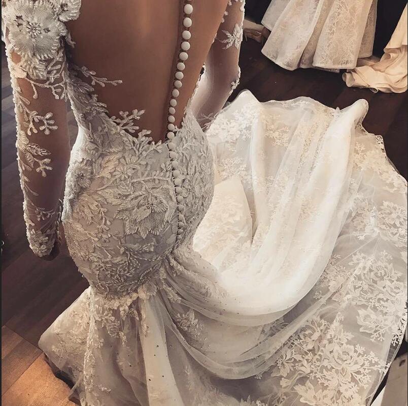 Classy Long Sleeve Sweetheart Appliques Lace Mermaid Wedding Dress With Tulle Ruffles