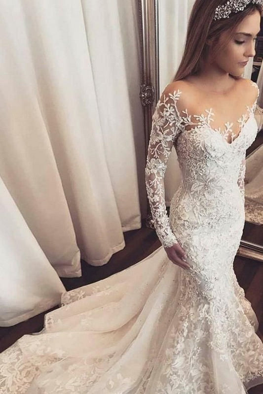 Elegante manga longa apliques de renda sereia vestido de noiva com tule babados