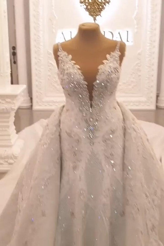Elegante longo querida alças finas apliques renda cristal vestido de noiva sem costas