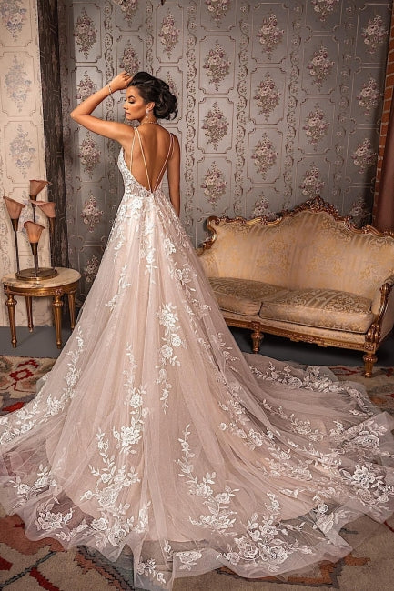 Classy V-neck Appliques Lace Spaghetti Straps Sleeveless A-Line Wedding Dresses