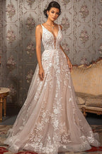Classy V-neck Appliques Lace Spaghetti Straps Sleeveless A-Line Wedding Dresses