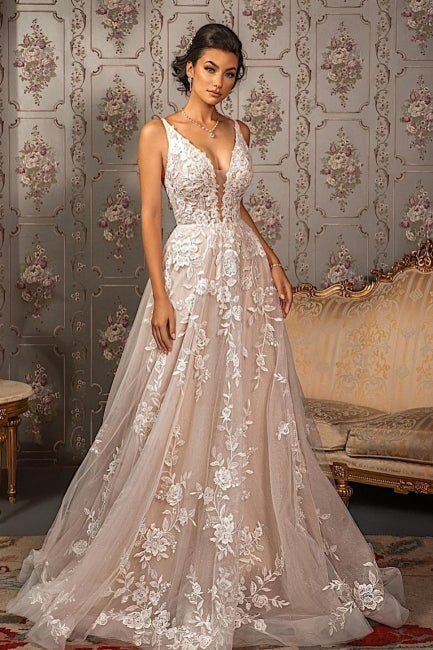 Elegante decote em V apliques renda alças finas sem mangas vestidos de noiva linha A 