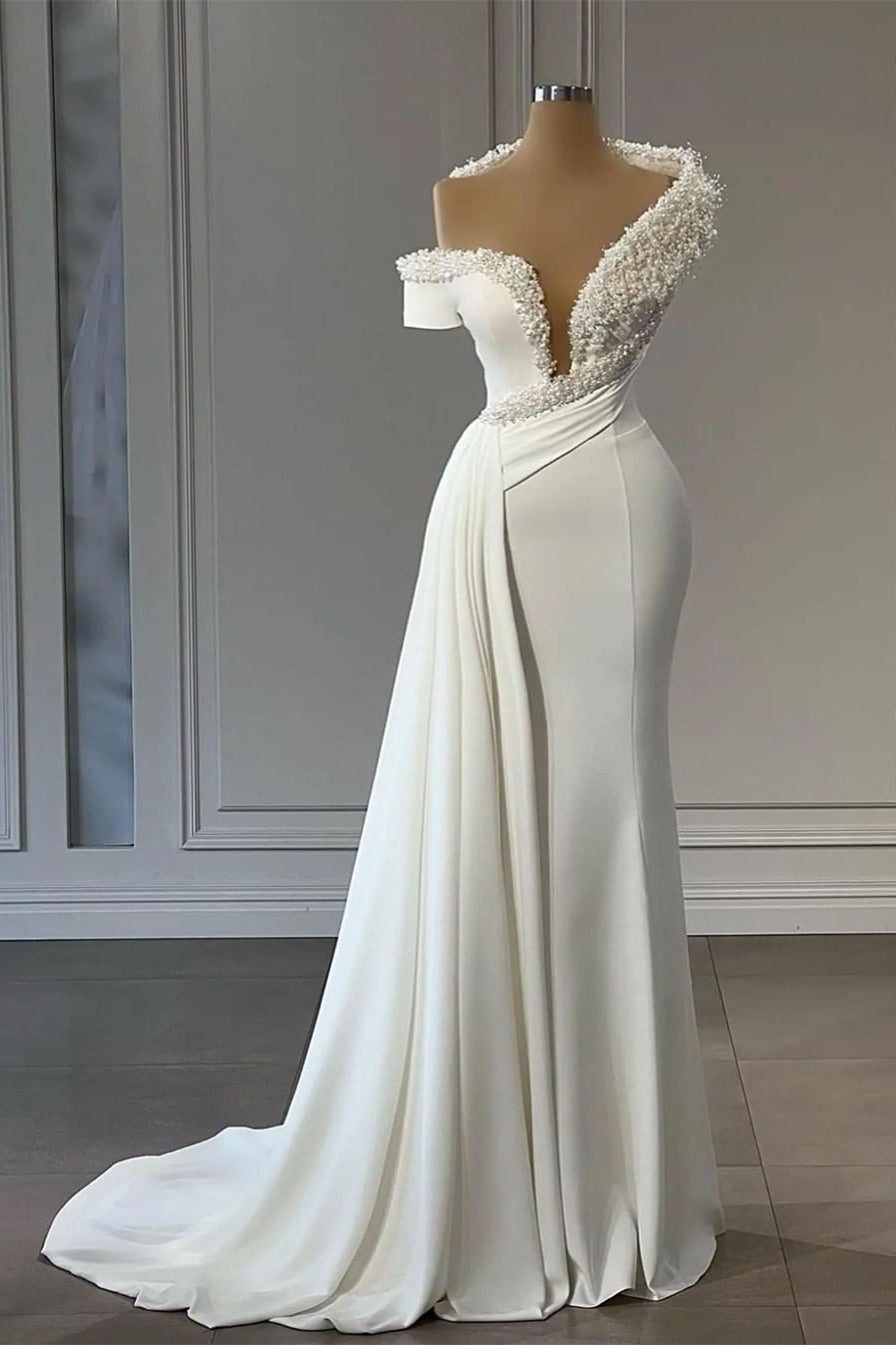 فساتين زفاف أنيقة برقبة على شكل حرف V، بدون أكمام، مزينة بالخرز، بتصميم حورية البحر وكشاكش على الكتف