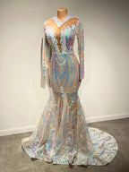 Vestidos de Baile com Lantejoulas, Decote em V, Comprimento até ao Chão, Estilo Sereia, com Mangas Compridas, Elegantes