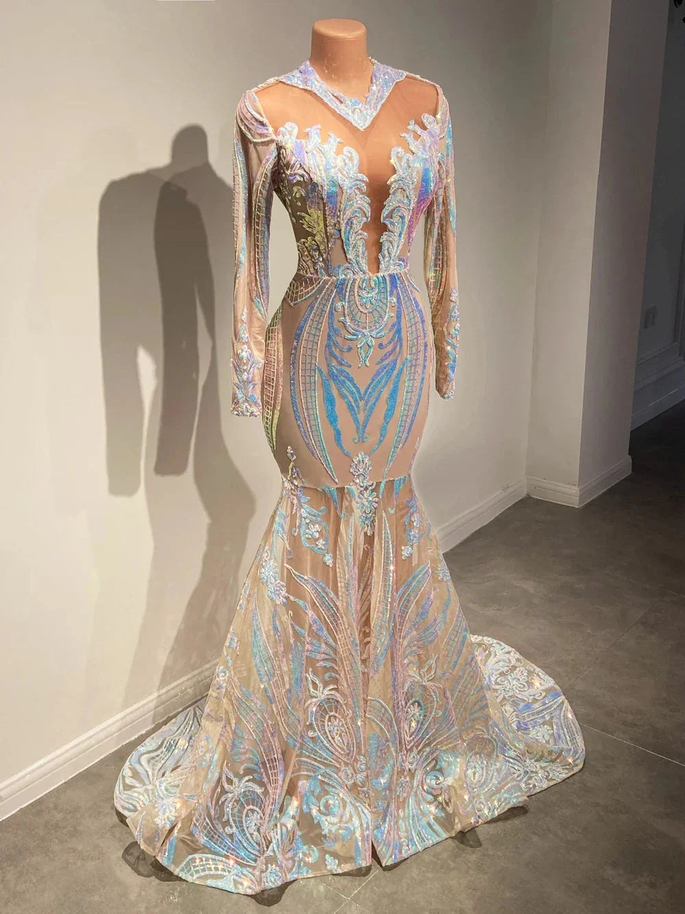 Vestidos de Baile com Lantejoulas, Decote em V, Comprimento até ao Chão, Estilo Sereia, com Mangas Compridas, Elegantes