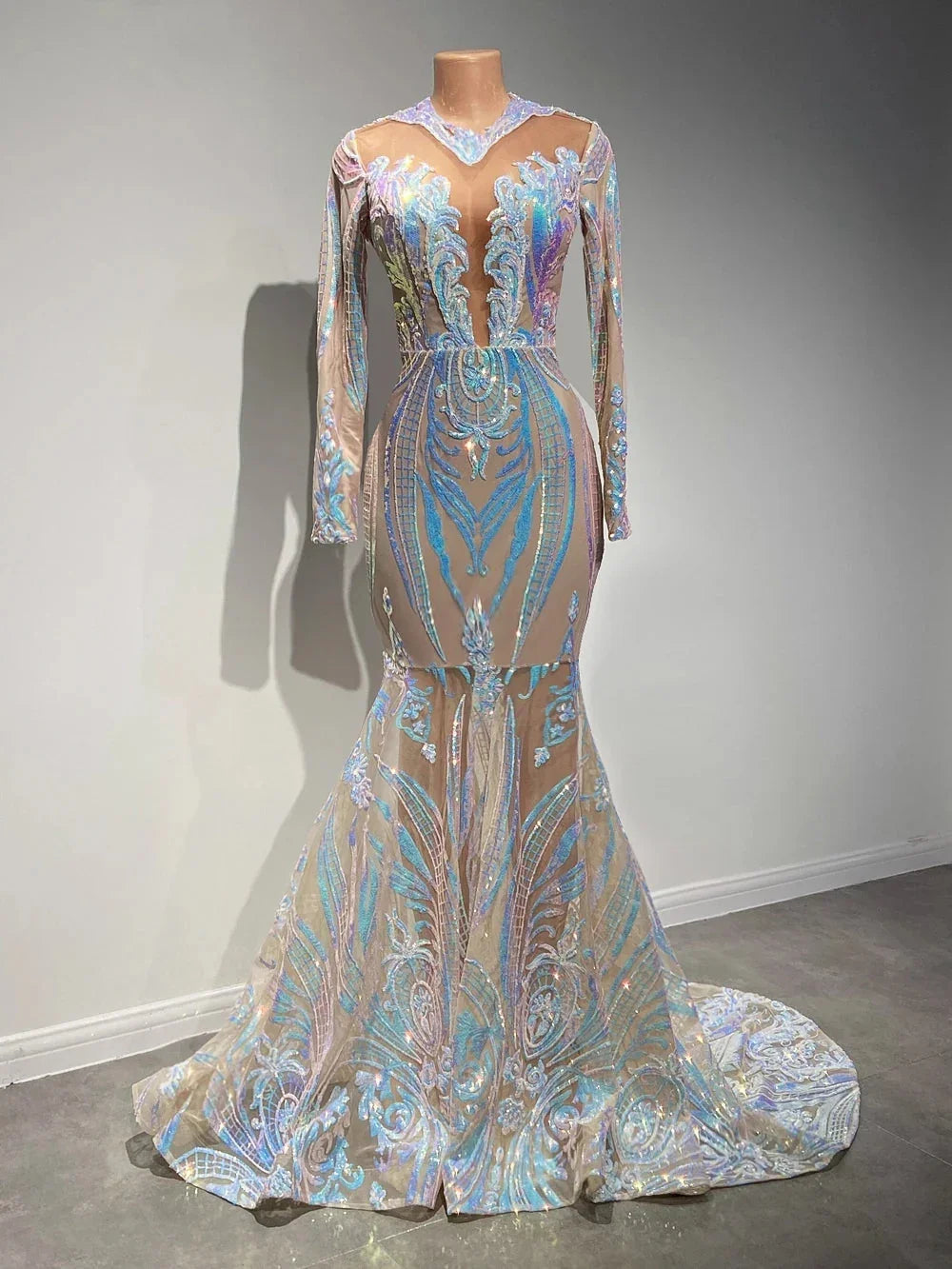 Vestidos de Baile com Lantejoulas, Decote em V, Comprimento até ao Chão, Estilo Sereia, com Mangas Compridas, Elegantes