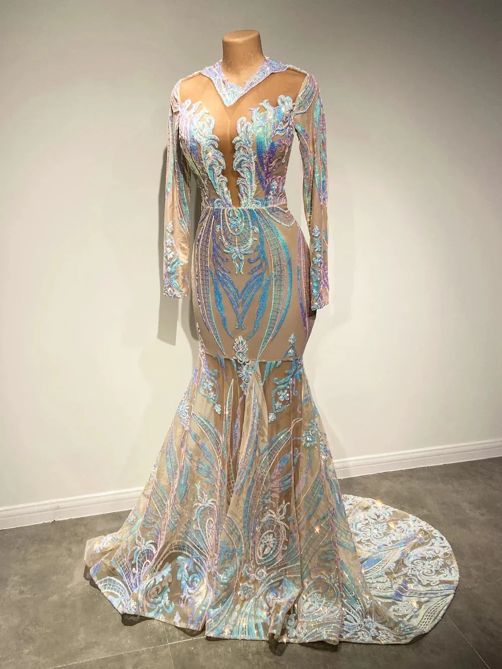 Vestidos de Baile com Lantejoulas, Decote em V, Comprimento até ao Chão, Estilo Sereia, com Mangas Compridas, Elegantes