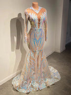Vestidos de Baile com Lantejoulas, Decote em V, Comprimento até ao Chão, Estilo Sereia, com Mangas Compridas, Elegantes
