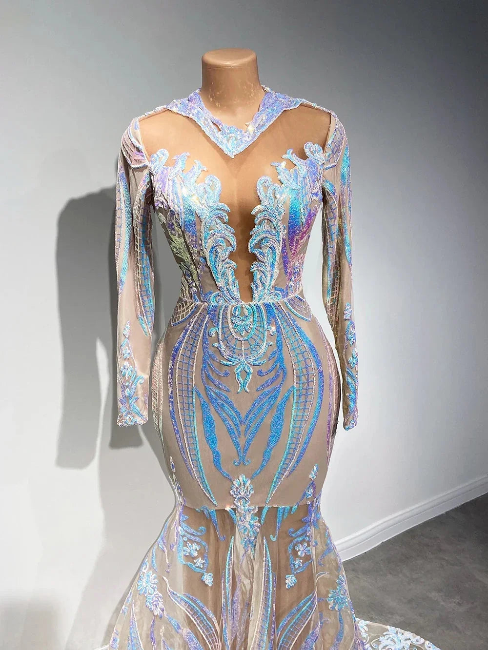 Vestidos de Baile com Lantejoulas, Decote em V, Comprimento até ao Chão, Estilo Sereia, com Mangas Compridas, Elegantes