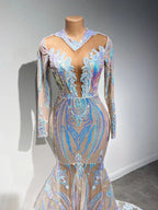 Vestidos de Baile com Lantejoulas, Decote em V, Comprimento até ao Chão, Estilo Sereia, com Mangas Compridas, Elegantes