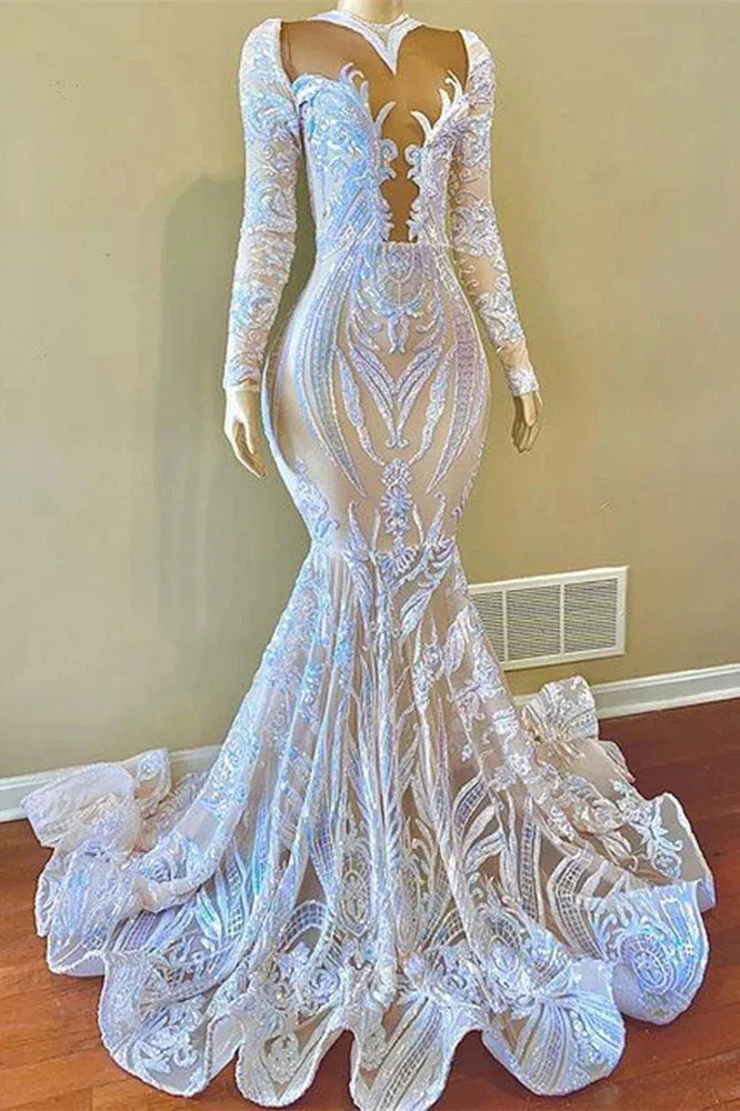 Vestidos de Baile com Lantejoulas, Decote em V, Comprimento até ao Chão, Estilo Sereia, com Mangas Compridas, Elegantes