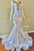 Vestidos de Baile com Lantejoulas, Decote em V, Comprimento até ao Chão, Estilo Sereia, com Mangas Compridas, Elegantes