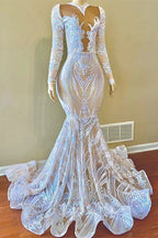 Vestidos de Baile com Lantejoulas, Decote em V, Comprimento até ao Chão, Estilo Sereia, com Mangas Compridas, Elegantes