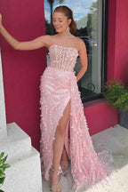 Clio | Robe de bal longue sirène fendue haute à fleurs en relief rose sans bretelles