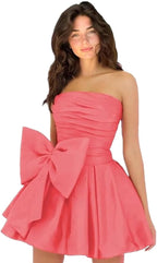 Chic Short Homecoming Dresses A-line Sleeveless Strapless Ruched Lace Up Party Dresses with Bow