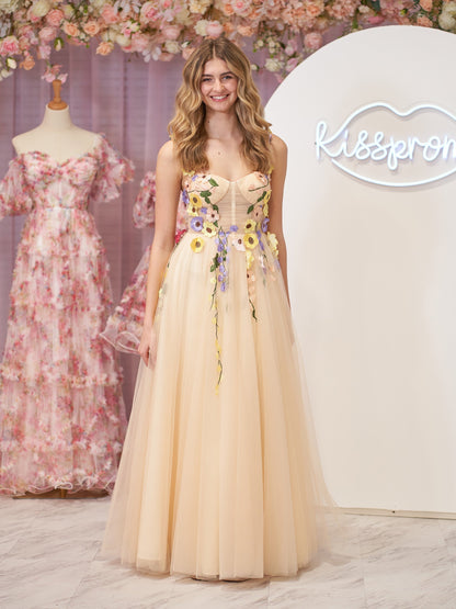 Vestido de fiesta midi con corsé en forma de A y flores 3D