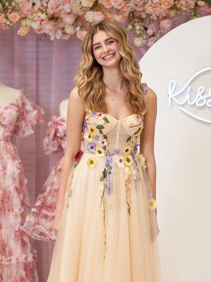 Vestido de fiesta midi con corsé en forma de A y flores 3D